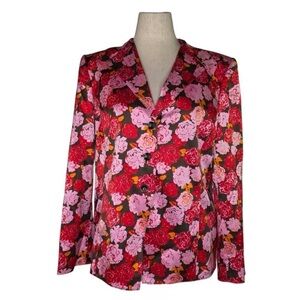 Floral Notch Lapel Blazer Jacket - Red & Pink